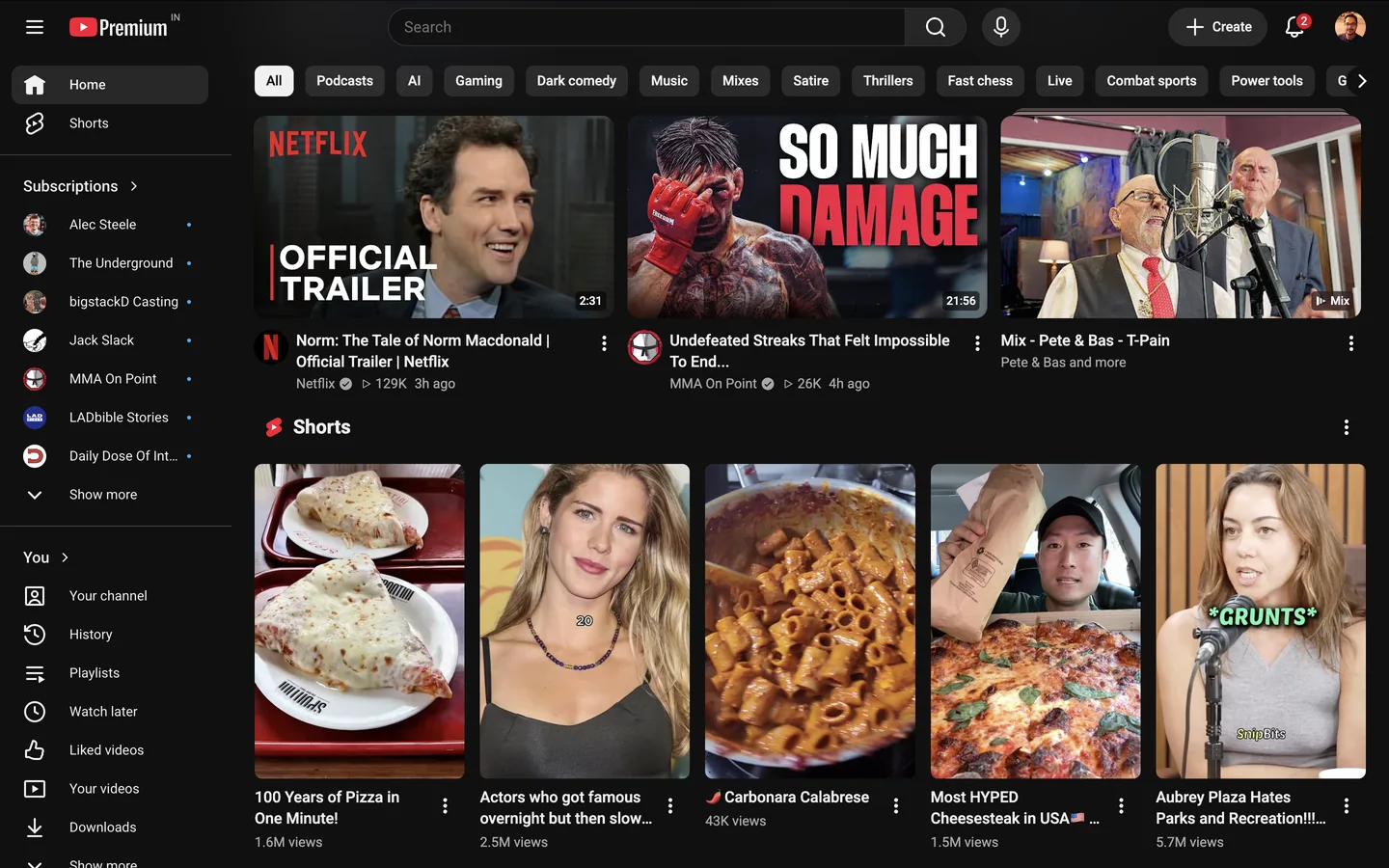 YouTube recommendations mixing comedy, food, music, and other unrelated topics